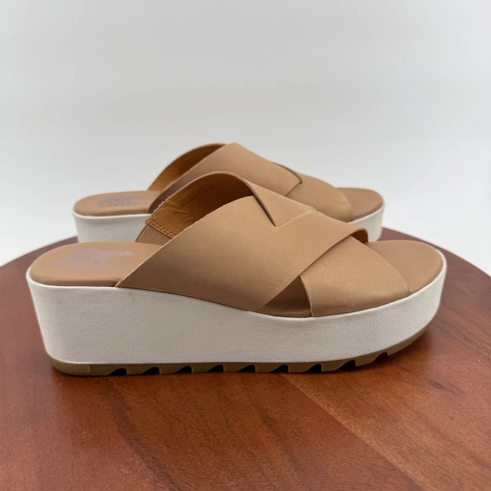Sorel Cameron Flatform Slide Womens Beige‎ Leather Cross Strap Summer Sandals 9